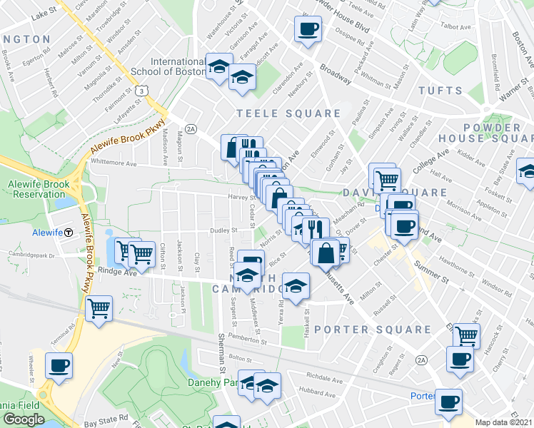 map of restaurants, bars, coffee shops, grocery stores, and more near 22 Dudley Street in Cambridge