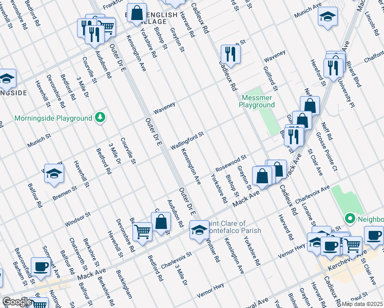 map of restaurants, bars, coffee shops, grocery stores, and more near 3865 Yorkshire Road in Detroit