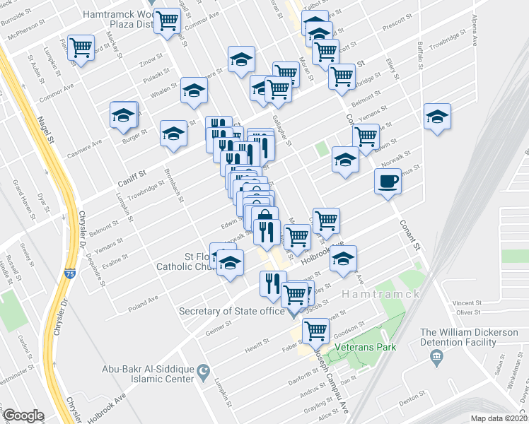 map of restaurants, bars, coffee shops, grocery stores, and more near 9459 Mitchell Street in Hamtramck