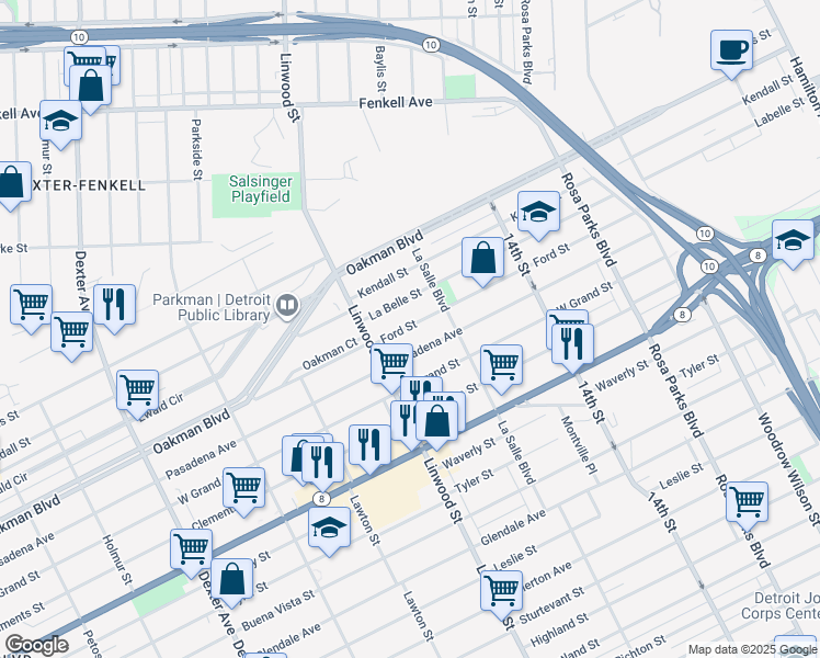map of restaurants, bars, coffee shops, grocery stores, and more near 2496 Pasadena Street in Detroit