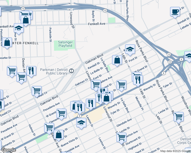 map of restaurants, bars, coffee shops, grocery stores, and more near 13835 Linwood Street in Detroit