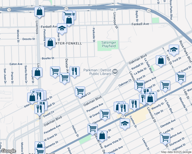 map of restaurants, bars, coffee shops, grocery stores, and more near 3022 Kendall Street in Detroit