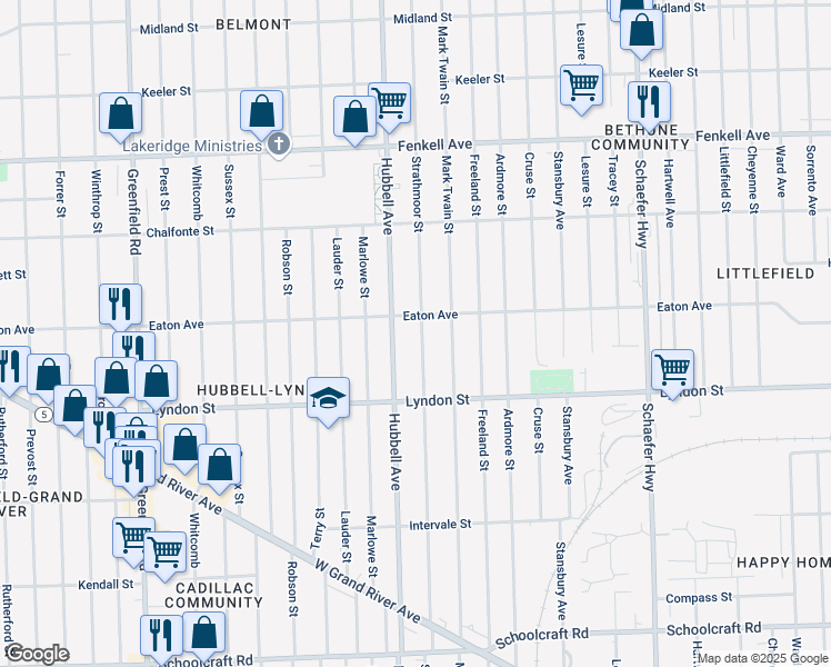 map of restaurants, bars, coffee shops, grocery stores, and more near 14600 Hubbell Avenue in Detroit