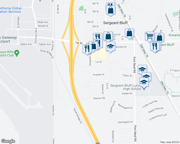 map of restaurants, bars, coffee shops, grocery stores, and more near 200 Frontier Street in Sergeant Bluff