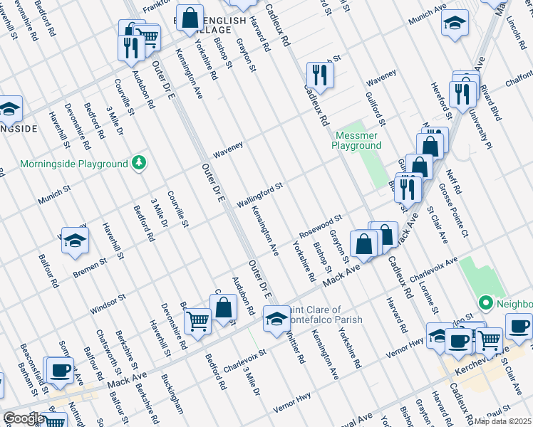 map of restaurants, bars, coffee shops, grocery stores, and more near 3865 Yorkshire Road in Detroit