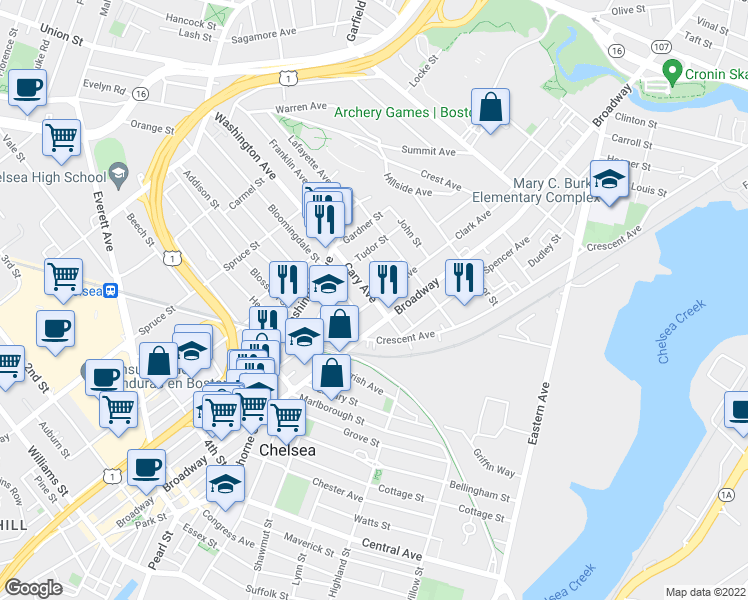 map of restaurants, bars, coffee shops, grocery stores, and more near Cary Ave & Clark Ave in Chelsea