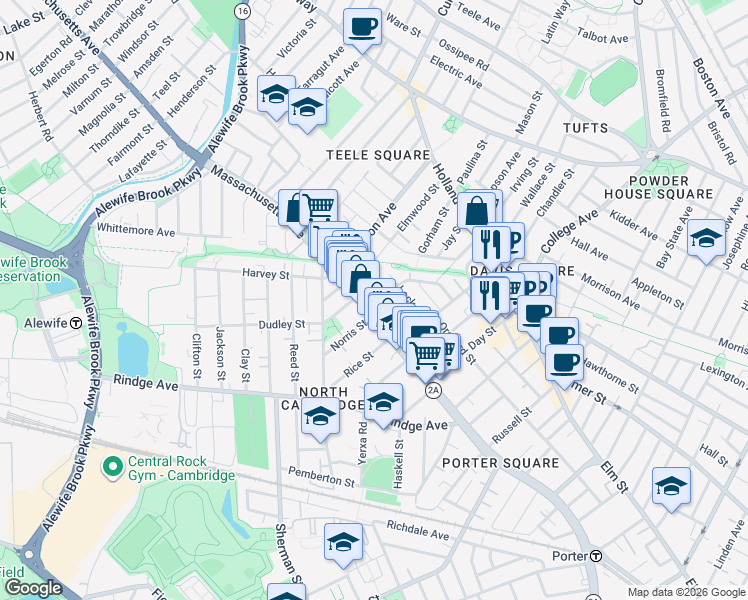 map of restaurants, bars, coffee shops, grocery stores, and more near 2353 Massachusetts Avenue in Cambridge