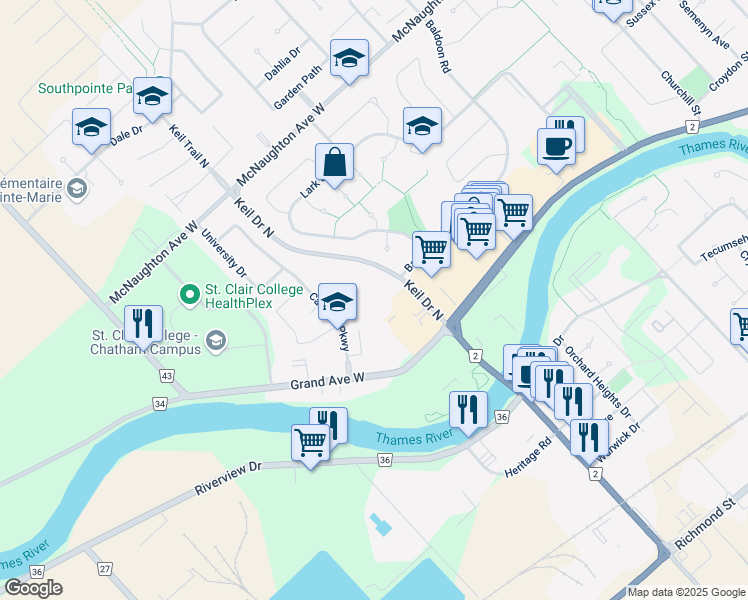 map of restaurants, bars, coffee shops, grocery stores, and more near 42 Trillium Village in Chatham