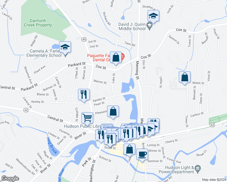 map of restaurants, bars, coffee shops, grocery stores, and more near 29a Lake Street in Hudson