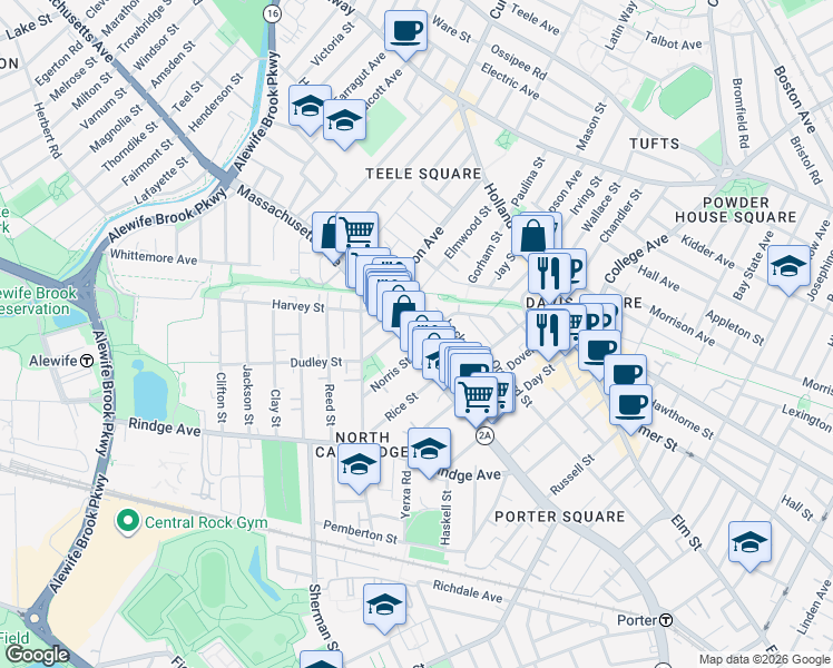 map of restaurants, bars, coffee shops, grocery stores, and more near 2353 Massachusetts Avenue in Cambridge