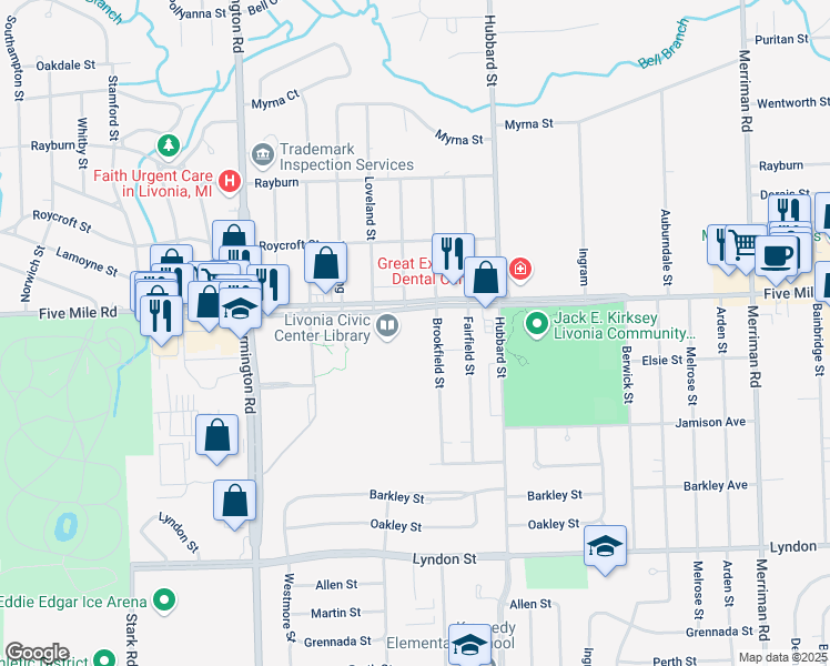 map of restaurants, bars, coffee shops, grocery stores, and more near 32765 Five Mile Road in Livonia