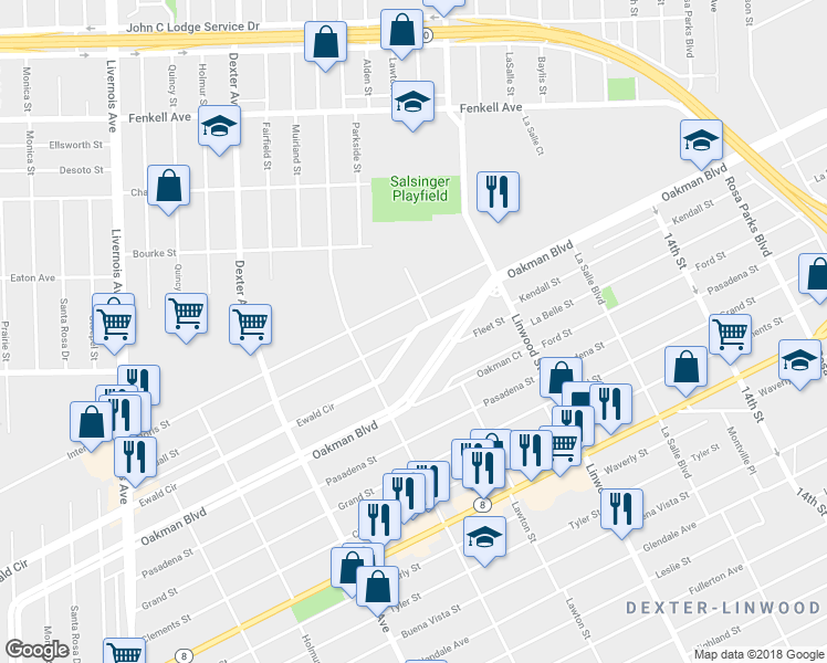 map of restaurants, bars, coffee shops, grocery stores, and more near 2960 Kendall Street in Detroit