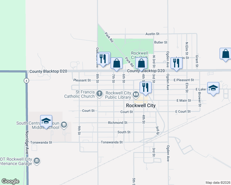 map of restaurants, bars, coffee shops, grocery stores, and more near 706 Main Street in Rockwell City