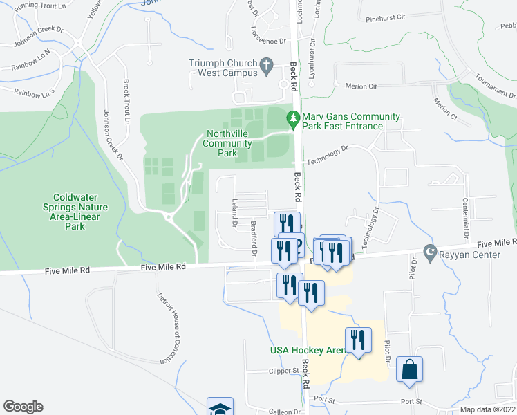 map of restaurants, bars, coffee shops, grocery stores, and more near 47656 Alden Terrace South in Northville