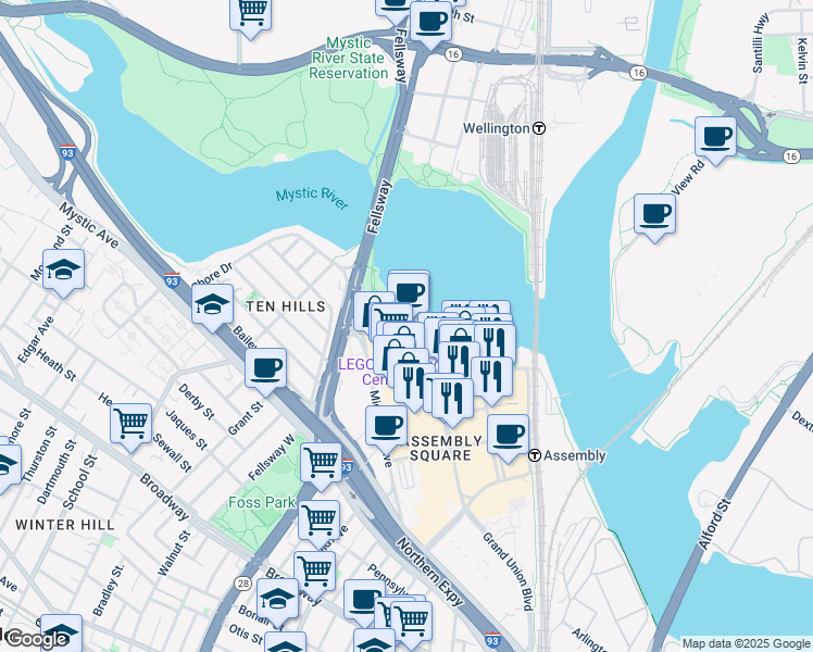 map of restaurants, bars, coffee shops, grocery stores, and more near 5 Middlesex Avenue in Somerville