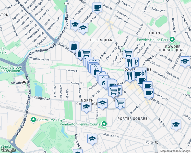 map of restaurants, bars, coffee shops, grocery stores, and more near Massachusetts Ave & Dudley St in Mid-Cambridge