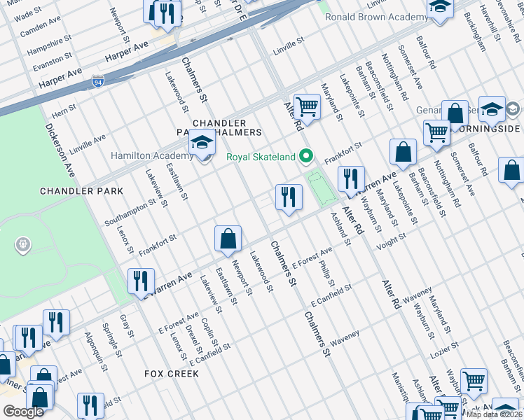 map of restaurants, bars, coffee shops, grocery stores, and more near 5026 Chalmers Street in Detroit