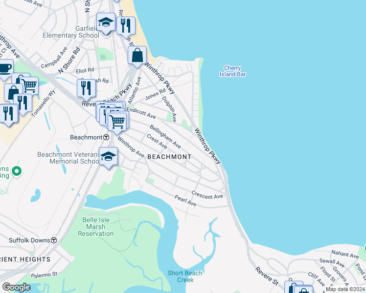map of restaurants, bars, coffee shops, grocery stores, and more near 164 Crest Avenue in Revere