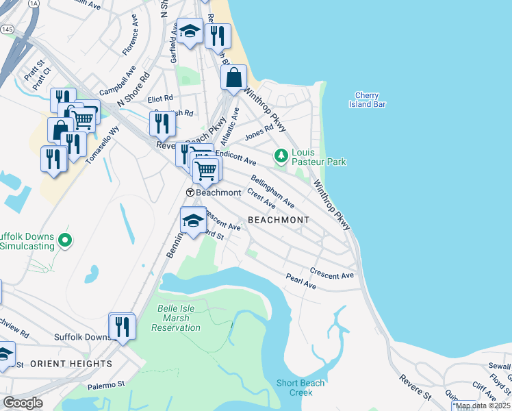 map of restaurants, bars, coffee shops, grocery stores, and more near 776 Winthrop Avenue in Revere