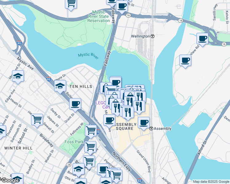 map of restaurants, bars, coffee shops, grocery stores, and more near 5 Middlesex Avenue in Somerville