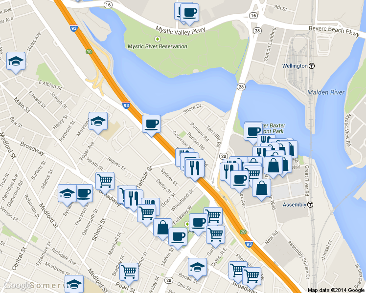 map of restaurants, bars, coffee shops, grocery stores, and more near 67 Bailey Road in Somerville