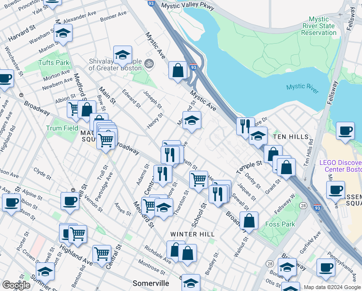 map of restaurants, bars, coffee shops, grocery stores, and more near 107 Heath Street in Somerville