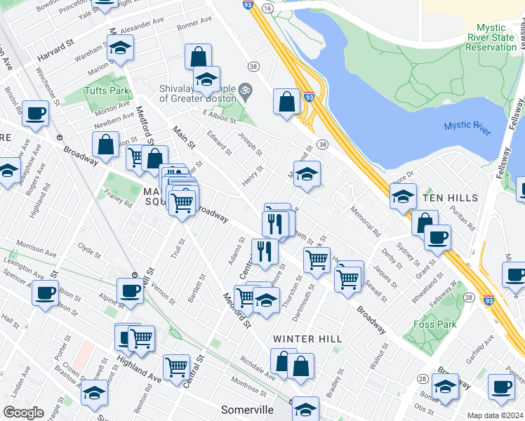 map of restaurants, bars, coffee shops, grocery stores, and more near 33 Main Street in Somerville