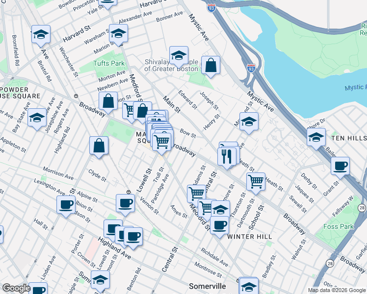 map of restaurants, bars, coffee shops, grocery stores, and more near 112 Glenwood Road in Somerville