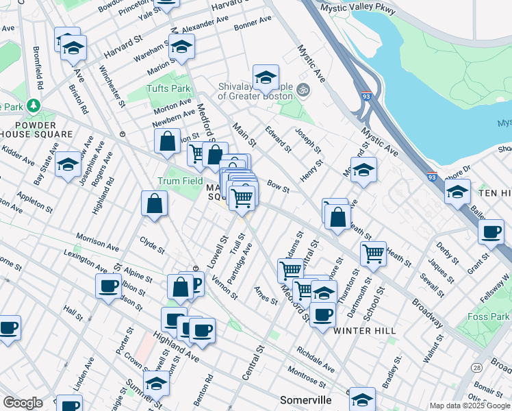 map of restaurants, bars, coffee shops, grocery stores, and more near 499 Medford Street in Somerville