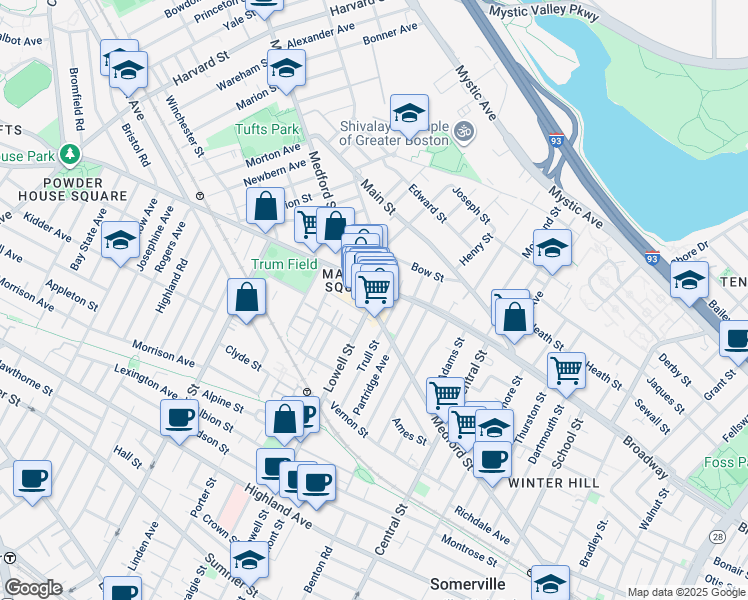 map of restaurants, bars, coffee shops, grocery stores, and more near 499 Medford Street in Somerville