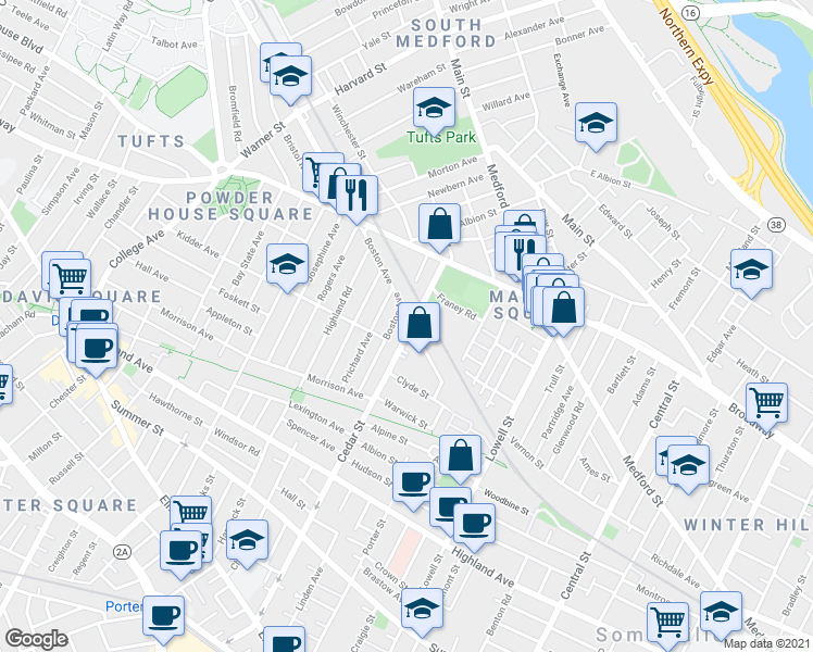 map of restaurants, bars, coffee shops, grocery stores, and more near 11 Murdock Street in Somerville