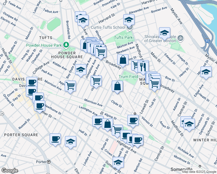 map of restaurants, bars, coffee shops, grocery stores, and more near 48 Boston Avenue in Somerville