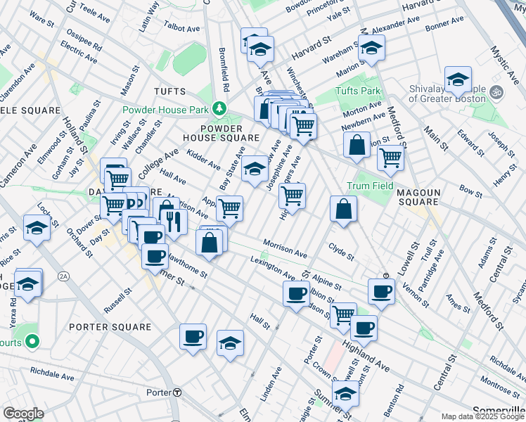 map of restaurants, bars, coffee shops, grocery stores, and more near 19 Rogers Avenue in Somerville