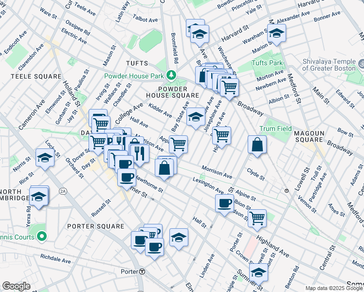 map of restaurants, bars, coffee shops, grocery stores, and more near 12 Josephine Avenue in Somerville