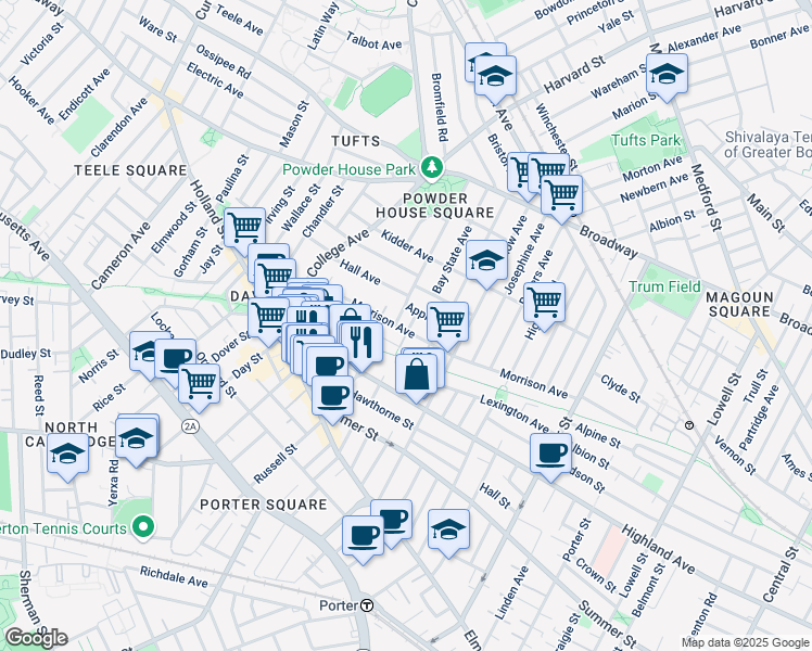 map of restaurants, bars, coffee shops, grocery stores, and more near 97 Winslow Avenue in Somerville
