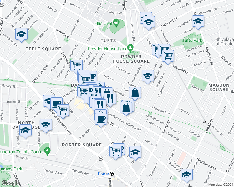 map of restaurants, bars, coffee shops, grocery stores, and more near 97 Winslow Avenue in Somerville