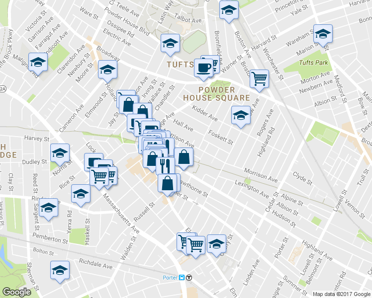 map of restaurants, bars, coffee shops, grocery stores, and more near 29 Ellington Road in Somerville