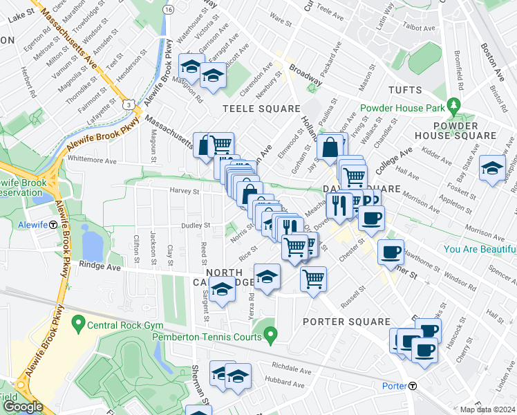 map of restaurants, bars, coffee shops, grocery stores, and more near in Cambridge