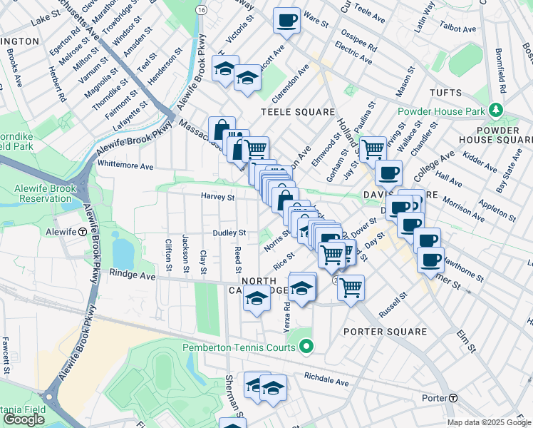 map of restaurants, bars, coffee shops, grocery stores, and more near 22 Dudley Street in Cambridge