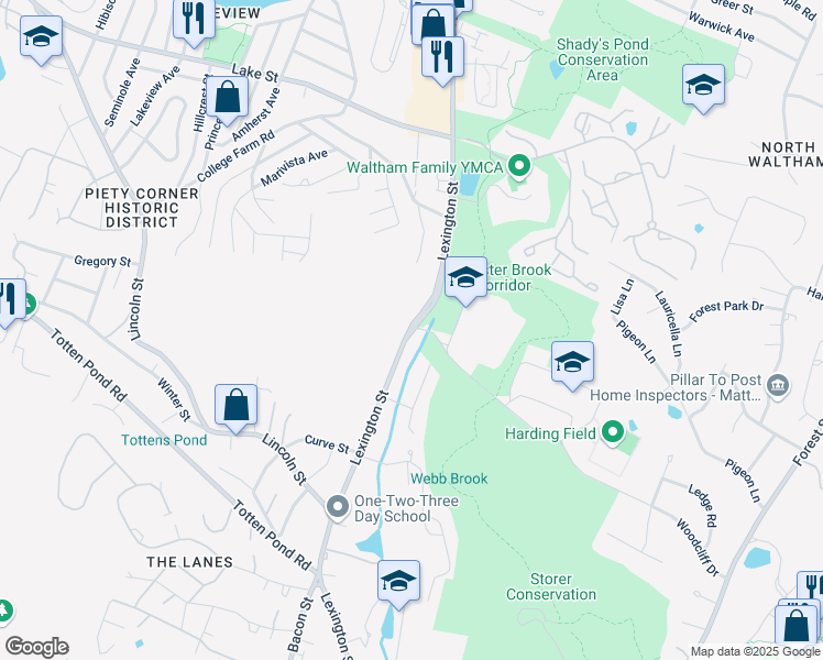 map of restaurants, bars, coffee shops, grocery stores, and more near 54 Chester Brook Road in Waltham
