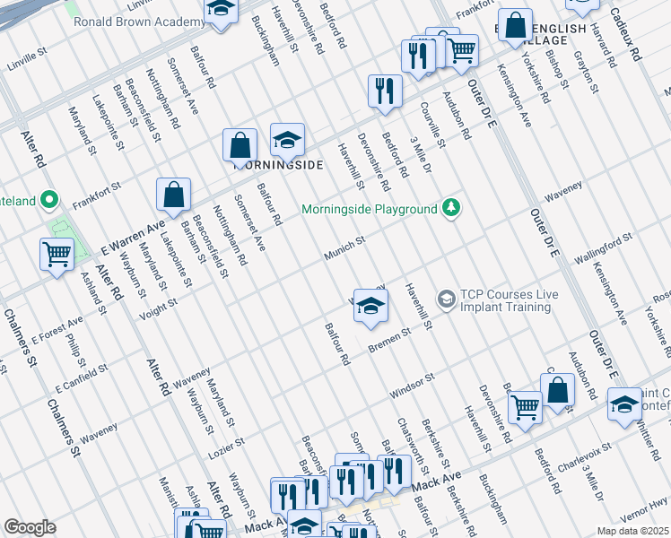 map of restaurants, bars, coffee shops, grocery stores, and more near 4350 Chatsworth Street in Detroit