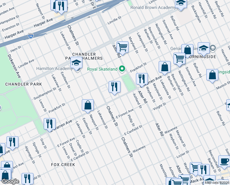 map of restaurants, bars, coffee shops, grocery stores, and more near 14535 East Warren Avenue in Detroit