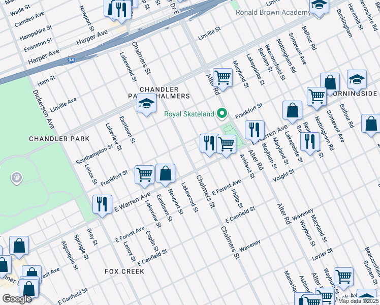 map of restaurants, bars, coffee shops, grocery stores, and more near 5026 Chalmers Street in Detroit