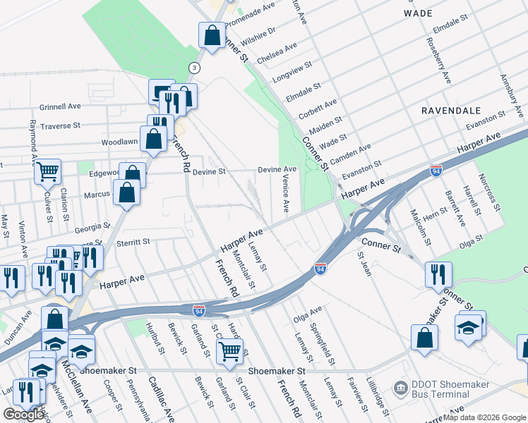 map of restaurants, bars, coffee shops, grocery stores, and more near 10900 Harper Ave in Detroit