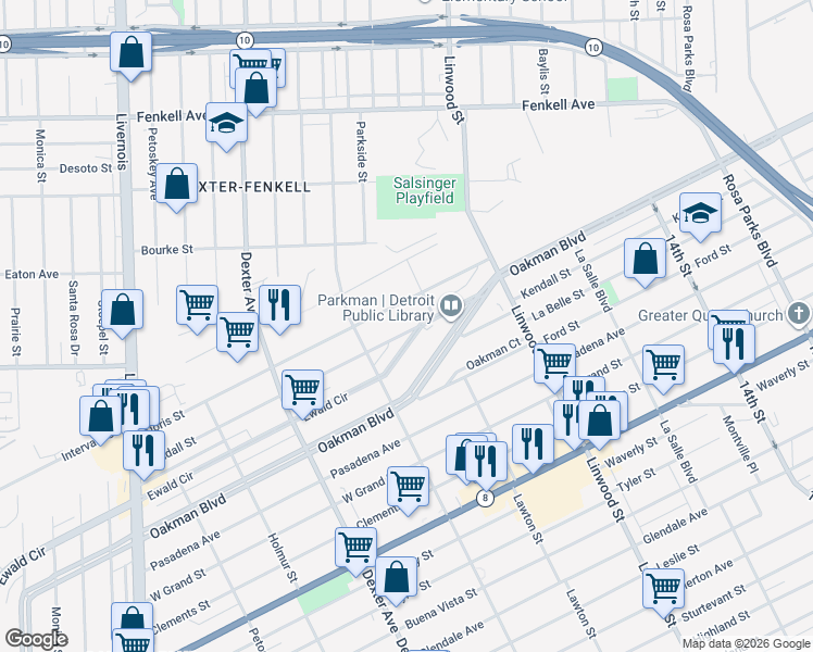 map of restaurants, bars, coffee shops, grocery stores, and more near 1865 Ewald Circle in Detroit