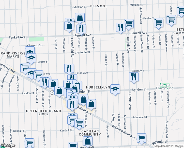 map of restaurants, bars, coffee shops, grocery stores, and more near 14608 Sussex Street in Detroit