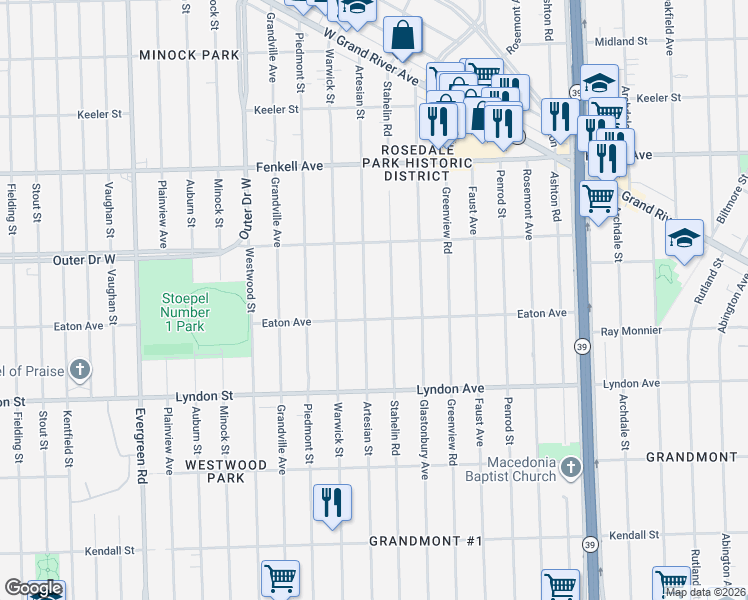 map of restaurants, bars, coffee shops, grocery stores, and more near 14801 Artesian Street in Detroit