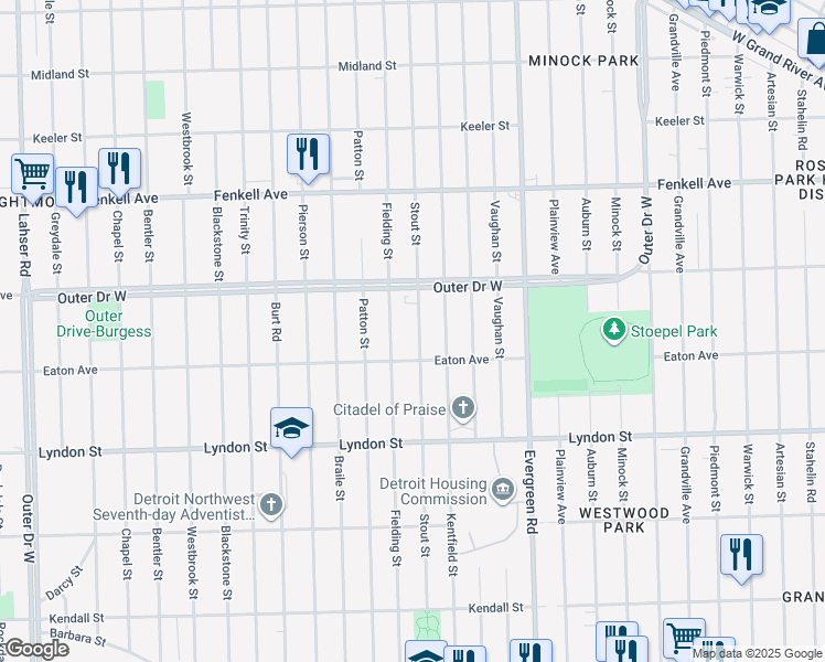 map of restaurants, bars, coffee shops, grocery stores, and more near 14810 Stout Street in Detroit