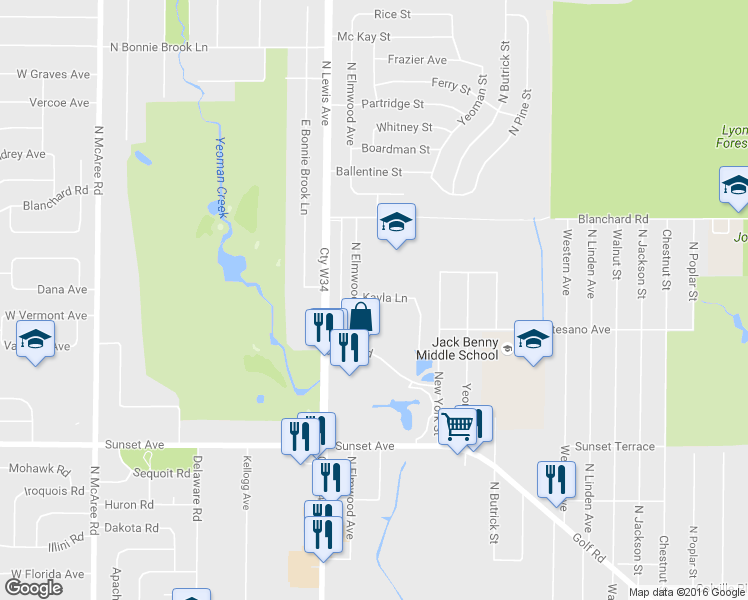 map of restaurants, bars, coffee shops, grocery stores, and more near 1661 Kayla Lane in Waukegan