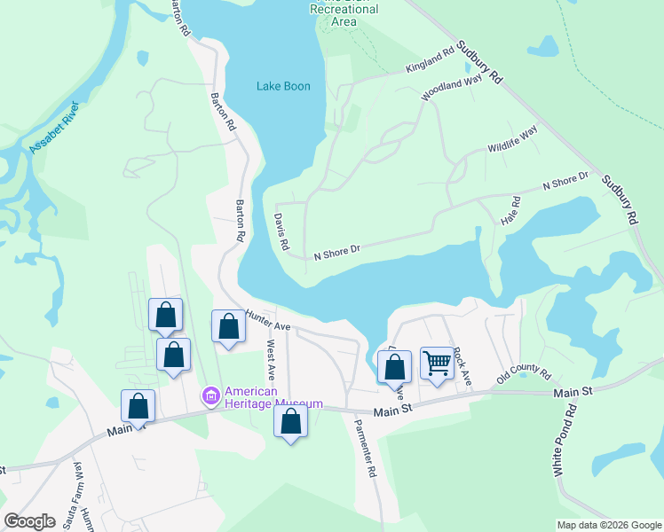 map of restaurants, bars, coffee shops, grocery stores, and more near 150 North Shore Drive in Stow